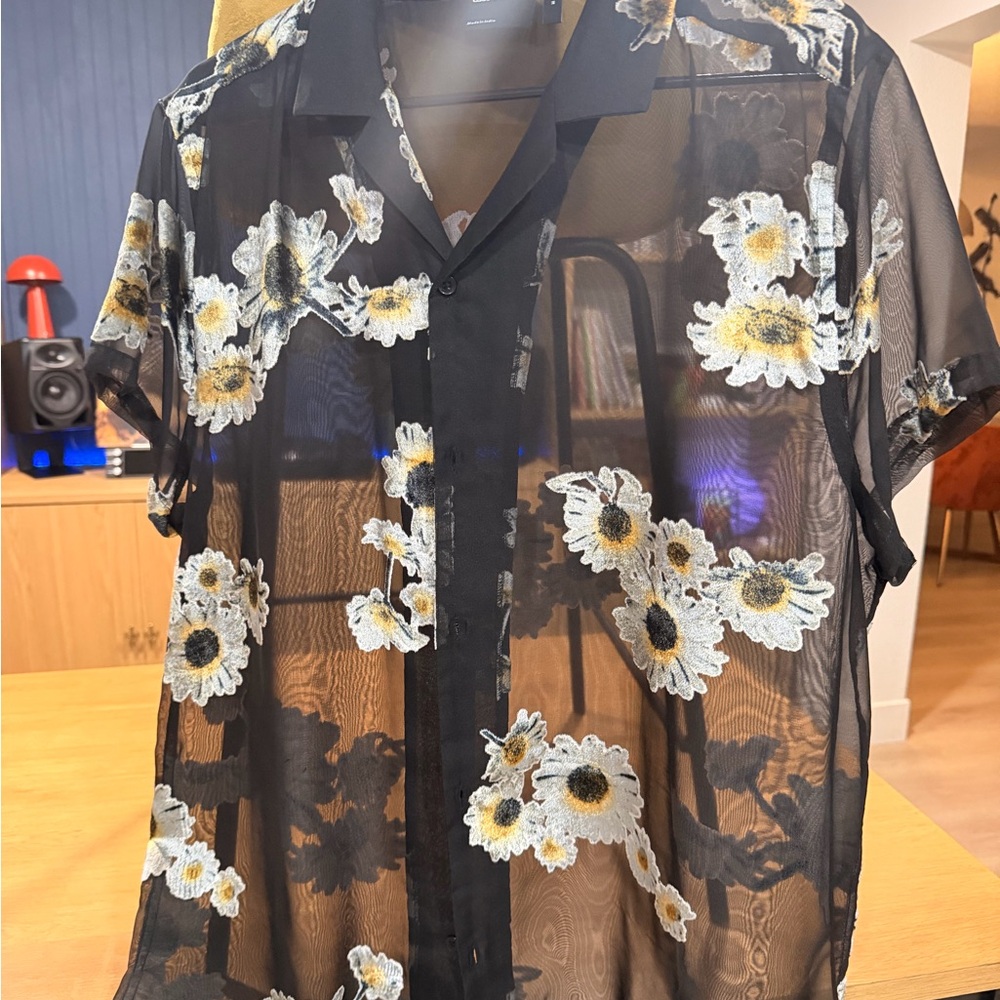 ASOS Black Sheer Button-Up Shirt with White and Yellow Floral Embroidery